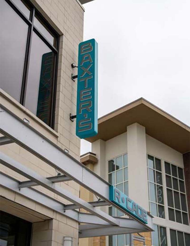 Vertical sign reads Baxters and horizontal sign reads Arcade, featured in Southpointe PA Magazine.