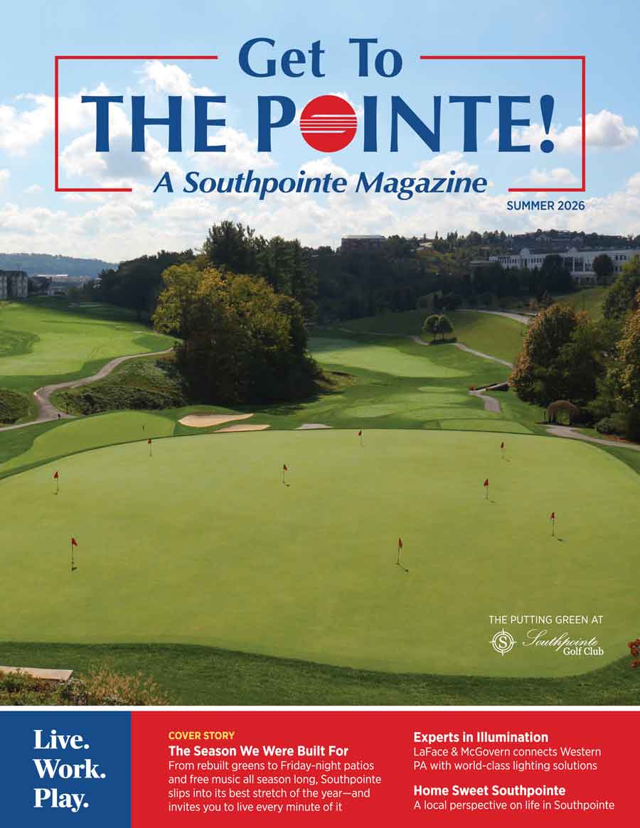 View of a golf course putting green with Southpointe Community Magazine Issues, summer 2026.
